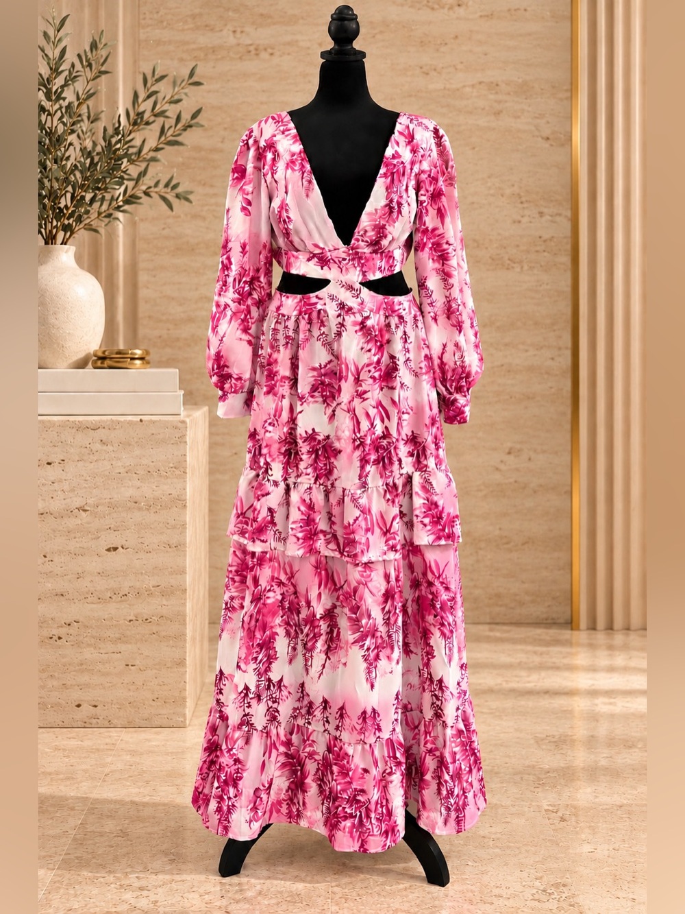 NWOT - Pink Floral Cutout Maxi Dress Deep V Neck Tiered Ruffle Size XL